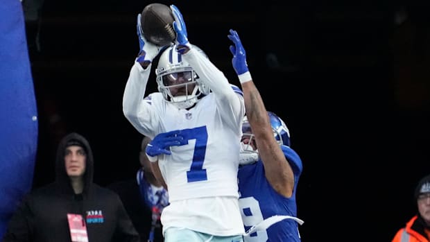 Dallas Cowboys cornerback Trevon Diggs (7) intercepts a pass against the New York Giants 