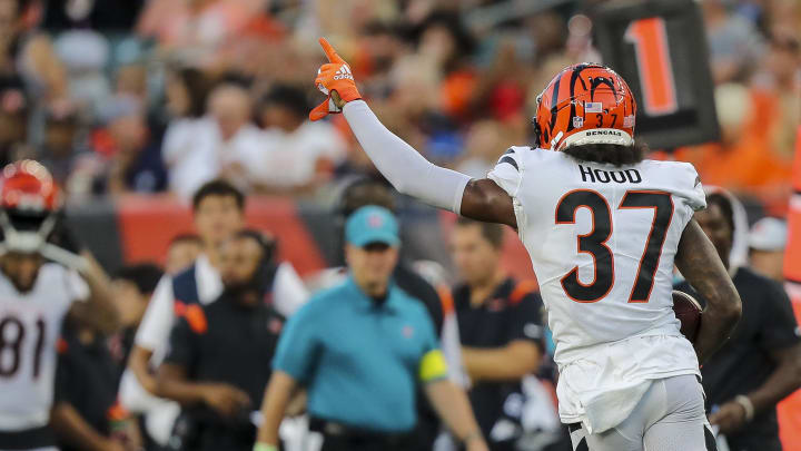 Aug 27, 2022; Cincinnati, Ohio, USA; Cincinnati Bengals cornerback Delonte Hood (37) reacts after picking up the fumble dropped by the Los Angeles Rams in the second half at Paycor Stadium. Mandatory Credit: Katie Stratman-USA TODAY Sports