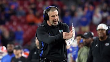 Dec 20, 2024; Tampa, FL, USA; Florida Gators head coach Billy Napier against the Tulane Green Wave during the second half at Raymond James Stadium. Mandatory Credit: Kim Klement Neitzel-Imagn Images