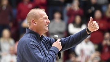 Jan 16, 2024; Tuscaloosa, Alabama, USA; New Alabama head football coach Kalen DeBoer is introduced to fans during the first half of the Alabama game with Missouri at Coleman Coliseum. Mandatory Credit: Gary Cosby Jr.-USA TODAY Sports