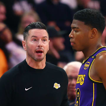 Oct 28, 2024; Phoenix, Arizona, USA; Los Angeles Lakers head coach JJ Redick with forward Rui Hachimura (28) against the Phoenix Suns at Footprint Center. Mandatory Credit: Mark J. Rebilas-Imagn Images
