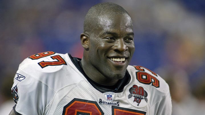 Sept. 11, 2005; Minneapolis, MN, USA; Tampa Bay Buccaneers defensive end #97 Simeon Rice is all smiles after his team scores late in the fourth quarter to insure their win over the    Minnesota Vikings at the Metrodome. Tampa Bay wins 24-13.   Mandatory Credit: Photo By Bruce Kluckhohn-Imagn Images Copyright (c) 2005 Bruce Kluckhohn