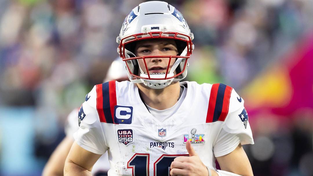 Feb 8, 2026; Santa Clara, CA, USA; New England Patriots quarterback Drake Maye (10) against the Seattle Seahawks during Super Bowl LX at Levi's Stadium. Mandatory Credit: Mark J. Rebilas-Imagn Images
