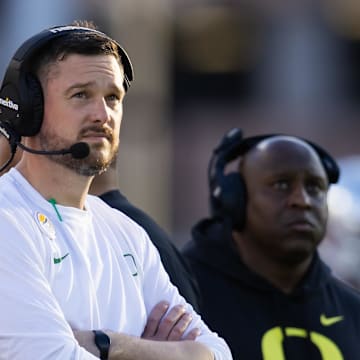 Nov 18, 2023; Tempe, Arizona, USA; Oregon Ducks head coach Dan Lanning against the Arizona State Sun Devils at Mountain America Stadium. Mandatory Credit: Mark J. Rebilas-Imagn Images