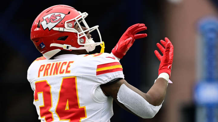 Dec 17, 2023; Foxborough, Massachusetts, USA; Kansas City Chiefs running back Deneric Prince (34) warms up before a game against the New England Patriots at Gillette Stadium. Mandatory Credit: Eric Canha-USA TODAY Sports