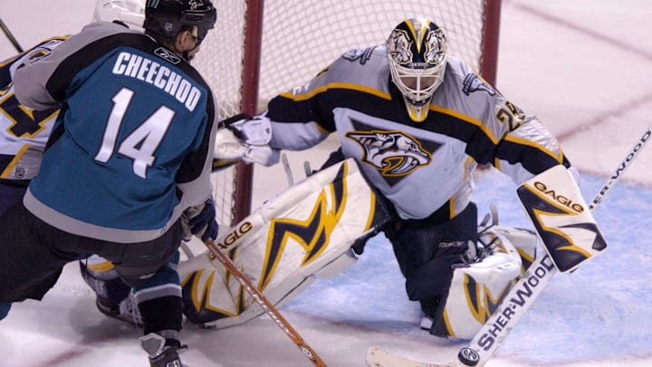 The Nashville Predators found their first rock in the net by selecting Tomáš Vokoun, pictured here in 2007 against San Jose, in the 1998 NHL Expansion Draft.