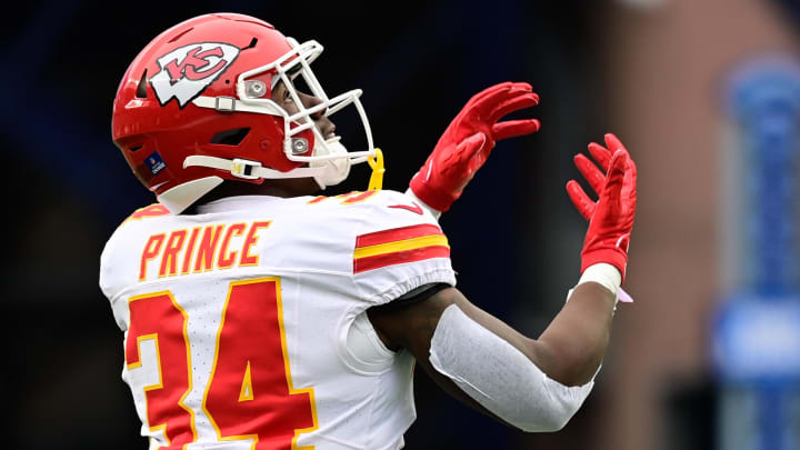 Dec 17, 2023; Foxborough, Massachusetts, USA; Kansas City Chiefs running back Deneric Prince (34) warms up before a game against the New England Patriots at Gillette Stadium. Mandatory Credit: Eric Canha-USA TODAY Sports