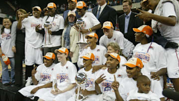 The Detroit Shock celebrate their WNBA championship after defeating San Antonio 76- 60 at the Convocation Center on the Eastern Michigan University Campus on Sunday Oct. 5, 2008.