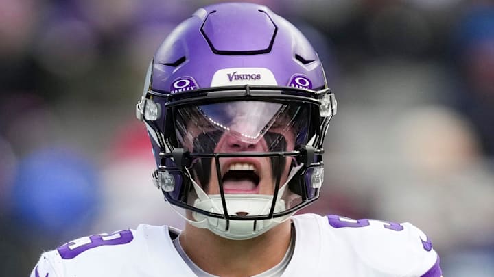 Minnesota Vikings quarterback J.J. McCarthy (9) reacts during a game against the New York Giants at MetLife Stadium, Dec 21, 2025, East Rutherford, NJ, USA