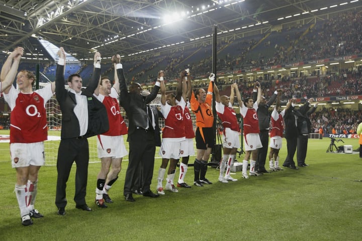 The Arsenal team celebrate winning the FA Cup
