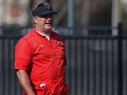 Georgia coach Kirby Smart looks on during spring practice in Athens, Ga., on Thursday, March 14, 2024.