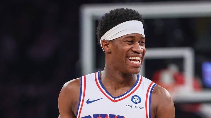Philadelphia 76ers guard VJ Edgecombe (77) reacts to a New York Knicks fan during game five of the second round of the 2026 NBA Playoffs at Madison Square Garden on May 6, 2026.