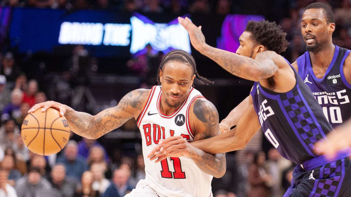 Mar 4, 2024; Sacramento, California, USA; Chicago Bulls forward DeMar DeRozan (11) drives to the basket against the Sacramento Kings during the fourth quarter at Golden 1 Center. 