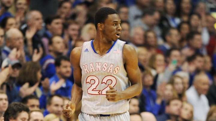 Feb 8, 2014; Lawrence, KS, USA; Kansas Jayhawks guard Andrew Wiggins (22) runs down court after scoring in the first half against the West Virginia Mountaineers.