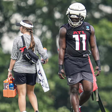 Jul 24, 2025; Flowery Branch, GA, USA; Atlanta Falcons linebacker Jalon Walker (11) shown on the field during training camp at IBM Performance Field. Mandatory Credit: Dale Zanine-Imagn Images