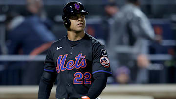 May 23, 2025; New York City, New York, USA; New York Mets right fielder Juan Soto (22) reacts after striking out during the sixth inning against the Los Angeles Dodgers at Citi Field. Mandatory Credit: Brad Penner-Imagn Images