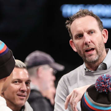 Jan 29, 2024; Brooklyn, New York, USA;  Brooklyn Nets general manager Sean Marks court side prior to the game against the Utah Jazz at Barclays Center. Mandatory Credit: Wendell Cruz-Imagn Images