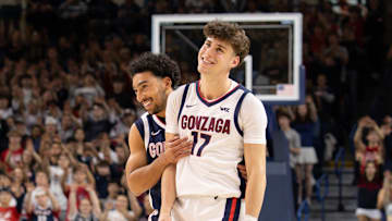 Gonzaga Bulldogs Braeden Smith (left) and Mario Saint-Supery (right) during 2025 Kraziness in the Kennel.