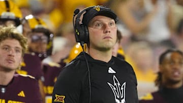 Arizona State coach Kenny Dillingham looks up at the scoreboard during a game against NAU at Mountain America Stadium in Tempe.