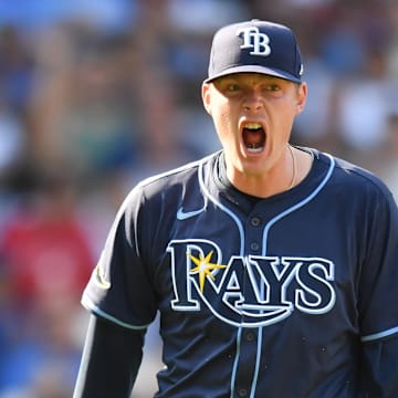 Sep 13, 2025; Chicago, Illinois, USA; Tampa Bay Rays pitcher Pete Fairbanks (29) celebrates after defeating the Chicago Cubs at Wrigley Field. 