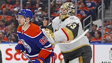 Edmonton Oilers forward Vasily Podkolzin (92) screens Vegas Golden Knights goaltender Adin Hill (33)
