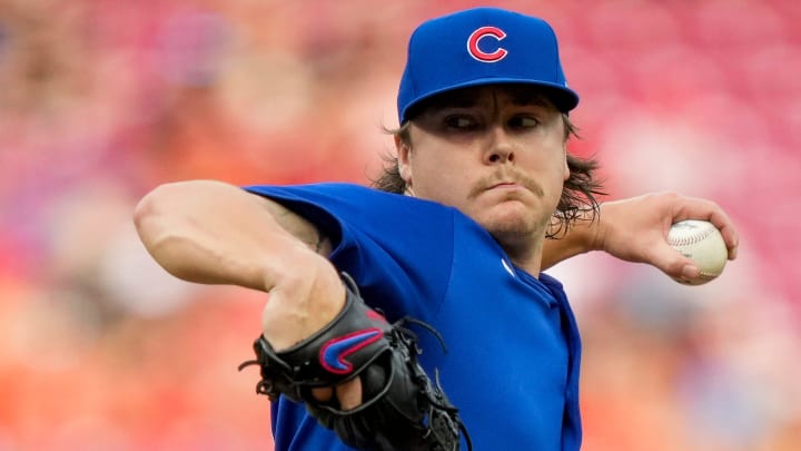 Chicago Cubs starting pitcher Justin Steele (35) throws a pitch in the first inning of the MLB National League game between the Cincinnati Reds and the Chicago Cubs at Great American Ball Park in downtown Cincinnati on Tuesday, July 30, 2024.