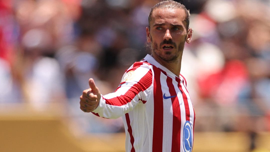 Jun 15, 2025; Pasadena, California, USA; Atletico Madrid forward Antoine Griezmann (7) reacts during a group stage match of the 2025 FIFA Club World Cup at Rose Bowl Stadium. Mandatory Credit: Daniel Cole-Reuters via Imagn Images