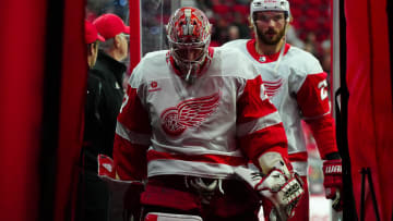 Mar 28, 2024; Raleigh, North Carolina, USA;  Detroit Red Wings goaltender James Reimer (47) and center Michael Rasmussen (27) come off the ice after the warmups before the game against the Carolina Hurricanes at PNC Arena. Mandatory Credit: James Guillory-USA TODAY Sports