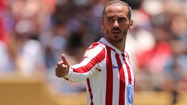 Jun 15, 2025; Pasadena, California, USA; Atletico Madrid forward Antoine Griezmann (7) reacts during a group stage match of the 2025 FIFA Club World Cup at Rose Bowl Stadium. Mandatory Credit: Daniel Cole-Reuters via Imagn Images