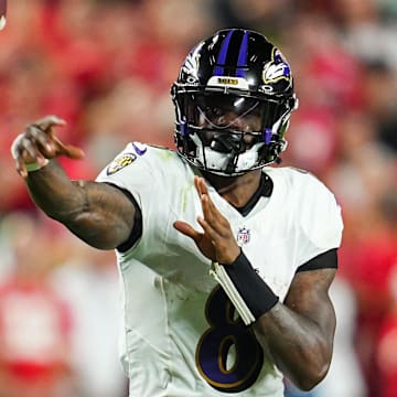 Sep 5, 2024; Kansas City, Missouri, USA; Baltimore Ravens quarterback Lamar Jackson (8) throws a pass during the second half against the Kansas City Chiefs at GEHA Field at Arrowhead Stadium. Mandatory Credit: Jay Biggerstaff-Imagn Images