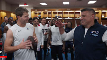 Drake Maye gave Mike Vrabel a game ball after the Patriots' win over the Titans on Sunday.