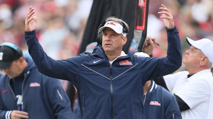 Ole Miss Rebels head coach Lane Kiffin reacts to a call int he first quarter against the Arkansas Razorbacks. Ole Miss Rebels head coach Lane Kiffin reacts to a call int he first quarter against the Arkansas Razorbacks.