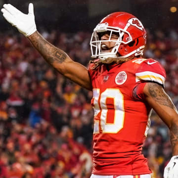 Jan 21, 2023; Kansas City, Missouri, USA; Kansas City Chiefs safety Justin Reid (20) celebrates during the second half of an AFC divisional round game against the Jacksonville Jaguars at GEHA Field at Arrowhead Stadium. Mandatory Credit: Jay Biggerstaff-USA TODAY Sports