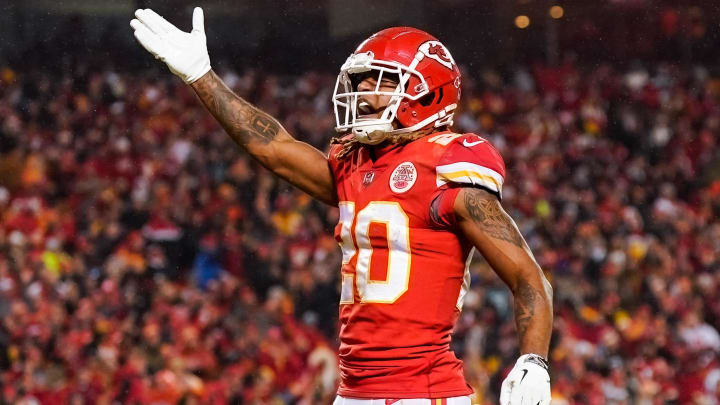 Jan 21, 2023; Kansas City, Missouri, USA; Kansas City Chiefs safety Justin Reid (20) celebrates during the second half of an AFC divisional round game against the Jacksonville Jaguars at GEHA Field at Arrowhead Stadium. Mandatory Credit: Jay Biggerstaff-USA TODAY Sports