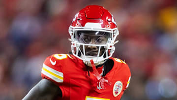 Jan 26, 2025; Kansas City, MO, USA; Kansas City Chiefs wide receiver Hollywood Brown (5) against the Buffalo Bills in the AFC Championship game at GEHA Field at Arrowhead Stadium. 