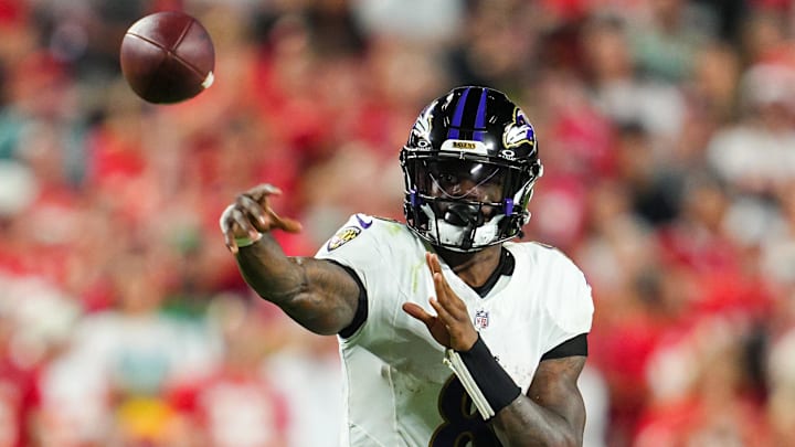 Sep 5, 2024; Kansas City, Missouri, USA; Baltimore Ravens quarterback Lamar Jackson (8) throws a pass during the second half against the Kansas City Chiefs at GEHA Field at Arrowhead Stadium. Mandatory Credit: Jay Biggerstaff-Imagn Images