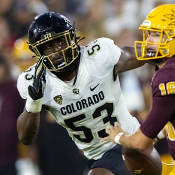 Oct 7, 2023; Tempe, Arizona, USA; Colorado Buffaloes defensive end Arden Walker (53) against the Arizona State Sun Devils at Mountain America Stadium. Mandatory Credit: Mark J. Rebilas-Imagn Images