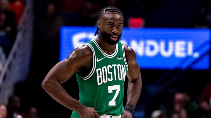 Jan 31, 2025; New Orleans, Louisiana, USA; Boston Celtics guard Jaylen Brown (7) looks on against the New Orleans Pelicans during the first half at Smoothie King Center. Mandatory Credit: Stephen Lew-Imagn Images