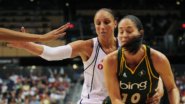 Sep 5, 2010; Phoenix, AZ, USA; Seattle Storm guard Sue Bird (10) is guarded by Phoenix Mercury guard Diana Taurasi (3) during the second half in game two of the Western Conference Finals in the 2010 WNBA Playoffs at US Airways Center.  The Storm defeated the Mercury 91-88.  Mandatory Credit: Jennifer Stewart-Imagn Images