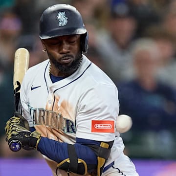 Seattle Mariners outfielder Randy Arozarena is hit by a pitch during a game against the New York Yankees on May 14 at T-Mobile Park.