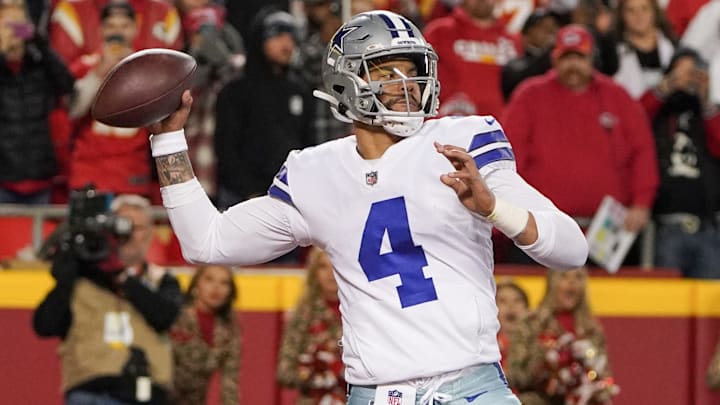 Cowboys QB Dak Prescott throws a pass against the Kansas City Chiefs during the second half at GEHA Field at Arrowhead Stadium. Cowboys QB Dak Prescott throws a pass against the Kansas City Chiefs during the second half at GEHA Field at Arrowhead Stadium.