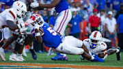 Florida Gators running back Treyaun Webb (5) drives for a touchdown during the season opener at Ben Hill Griffin Stadium in Gainesville, FL on Saturday, August 31, 2024 against the University of Miami Hurricanes in the second half. Miami defeated the Gators 41-17. [Doug Engle/Gainesville Sun]