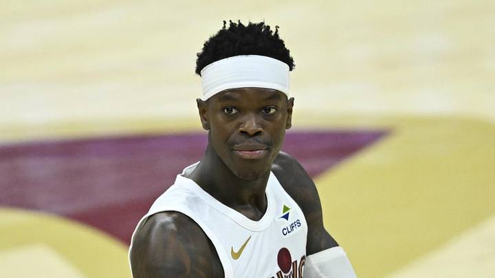 Apr 29, 2026; Cleveland, Ohio, USA; Cleveland Cavaliers guard Dennis Schroder (8) celebrates his three-point basket against the Toronto Raptors in the fourth quarter of game five of the first round of the 2026 NBA Playoffs at Rocket Arena. Mandatory Credit: David Richard-Imagn Images