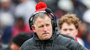 Nov 23, 2024; Piscataway, New Jersey, USA; Rutgers Scarlet Knights head coach Greg Schiano looks on during the first half against the Illinois Fighting Illini at SHI Stadium. Mandatory Credit: Vincent Carchietta-Imagn Images