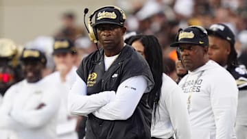Aug 29, 2025; Boulder, Colorado, USA; Colorado Buffaloes head coach Deion Sanders on the sidelines in the second quarter against the Georgia Tech Yellow Jackets at Folsom Field. Mandatory Credit: Ron Chenoy-Imagn Images