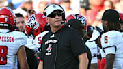 Sep 20, 2025; Durham, North Carolina, USA;  NC State Wolfpack head coach Dave Doeren during the second quarter against the Duke Blue Devils at Wallace Wade Stadium. Mandatory Credit: Zachary Taft-Imagn Images