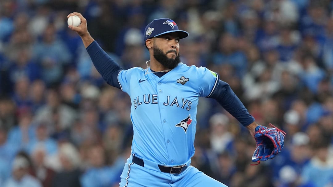 Oct 31, 2025; Toronto, Ontario, CAN; Toronto Blue Jays pitcher Seranthony Dominguez (48) throws pitch in the eighth inning for game six of the 2025 MLB World Series at Rogers Centre. Mandatory Credit: Nick Turchiaro-Imagn Images