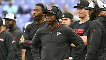 Aug 17, 2024; Baltimore, Maryland, USA;  Atlanta Falcons head coach Raheem Morris looks onto the field  during the first half against the Baltimore Ravens at M&T Bank Stadium. Mandatory Credit: Tommy Gilligan-Imagn Images