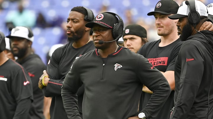 Aug 17, 2024; Baltimore, Maryland, USA;  Atlanta Falcons head coach Raheem Morris looks onto the field  during the first half against the Baltimore Ravens at M&T Bank Stadium. Mandatory Credit: Tommy Gilligan-Imagn Images