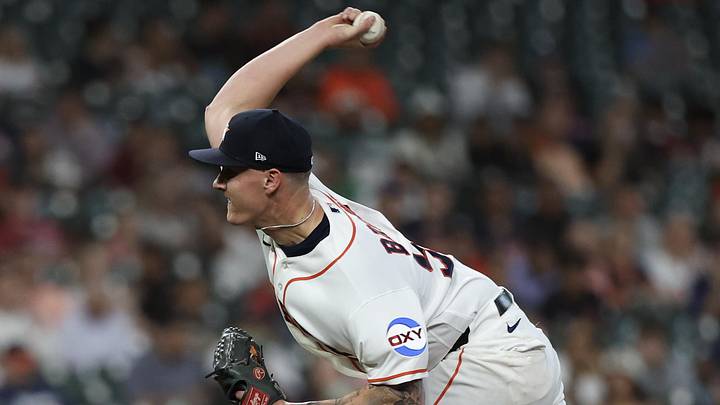 Mar 31, 2026; Houston, Texas, USA; Houston Astros starting pitcher Hunter Brown (58) pitches against the Boston Red Sox in the first inning at Daikin Park. Mandatory Credit: Thomas Shea-Imagn Images